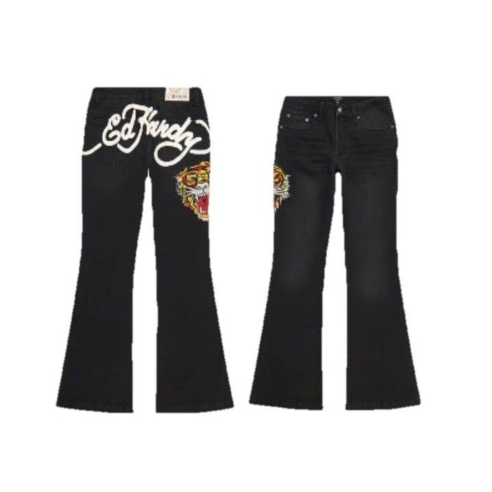 Ed Hardy Jeans Womens 26x32 Black Flare Jeans Tiger Head Embroidered Denim